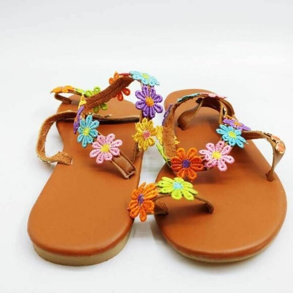 Womens Flat Sandal Brown Multicolor Floral 9.5 New - Picture 3 of 9